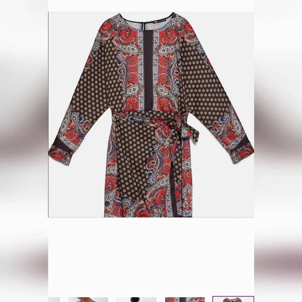 Zara Paisley Print Faux Wrap Mini Dress XS Boho Long Sleeve NWOT